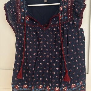 JCrew m Point Sur Flutter-Sleeve Navy Blue Peasant Blouse with Tassels - M